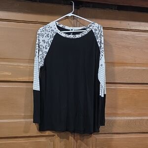 Black Raglan Long-Sleeve Top with Gray Leopard & Stripe Sleeves